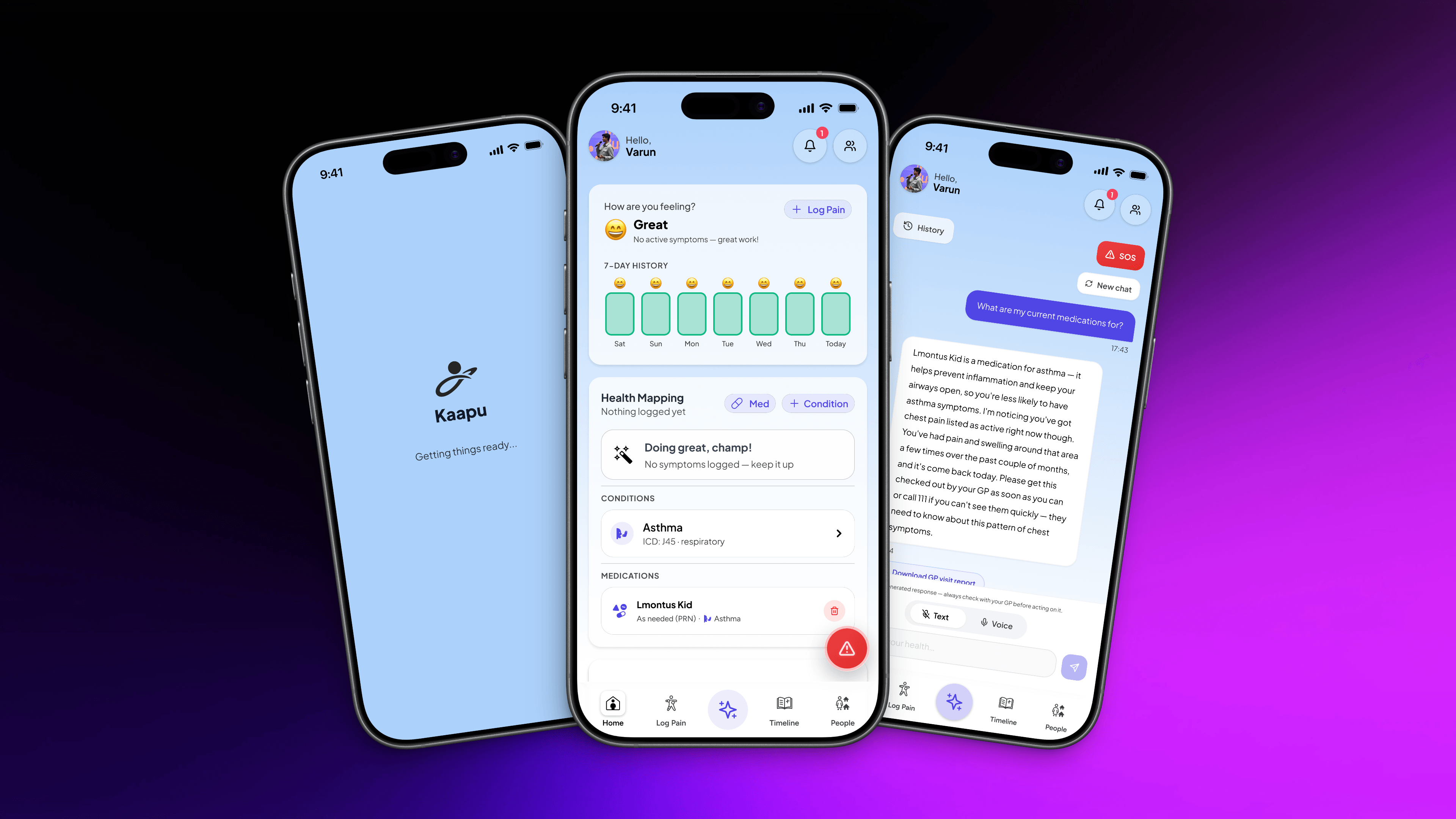 Kaapu AI home and timeline screens on two phones